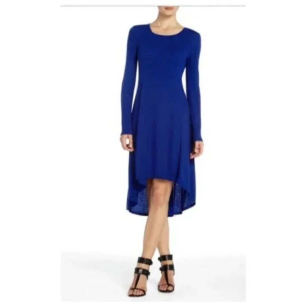 BCBGMaxAzria Shirt Dress Sz M Blue Taryn Ribbed Knit Long Sleeve Swing High Low